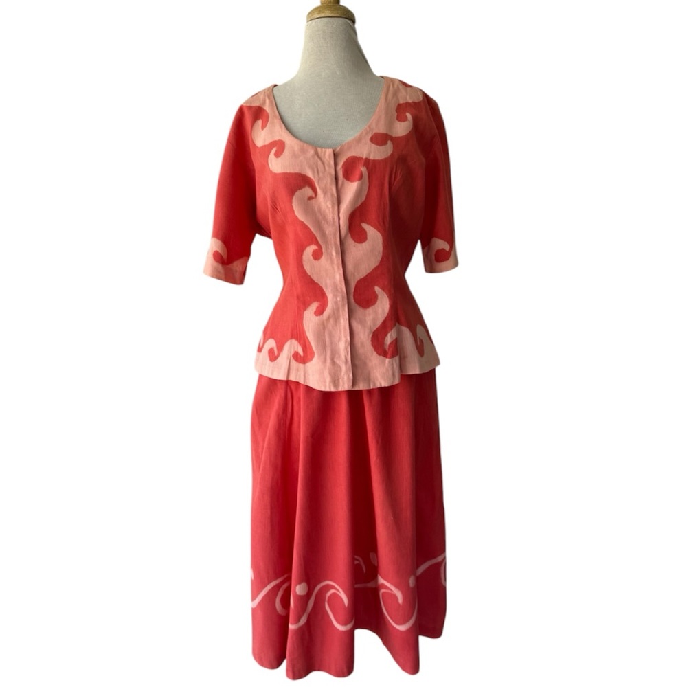 Vtg Handmade Coral Batik Skirt Suit 100% Cotton Sz M/L Boho Resort 2pc Set EUC